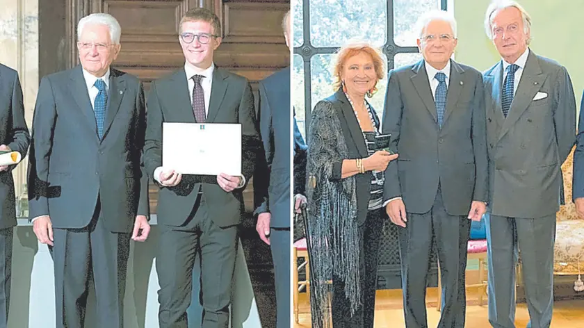 Lo studente udinese Michele Bertoli premiato per il suo impegno scolastico e sociale; a destra Giannola Nonino assieme al capo dello Stato e a Luca Cordero di Montezemolo