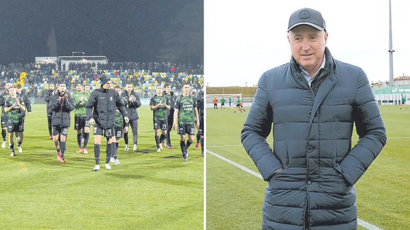 I giocatori del Pordenone escono dal campo dopo una partita in casa, a destra il presidente neroverde Mauro Lovisa