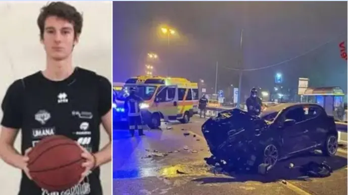 Tobia de Eccher in "divisa" da basket, sport di cui era appassioanto, e una foto dell'incidente mortale a Mestre