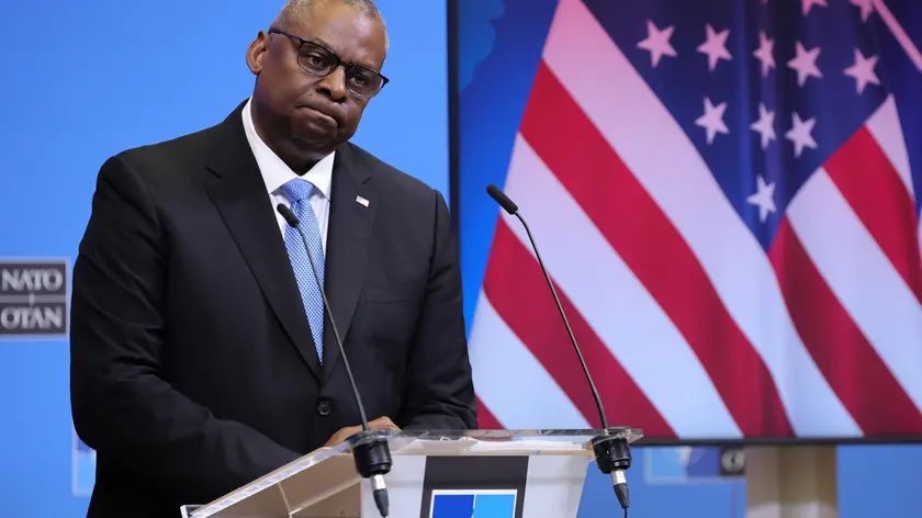 epa10914867 US Secretary of Defense Lloyd J. Austin III speaks to the press after the NATO Defense Ministers Council at the Alliance headquarters in Brussels, Belgium, 12 October 2023. NATO Defense Ministers are meeting in Brussels for two days to discuss support for Ukraine, NATO operations and missions as well as the situation in the Middle East. EPA/OLIVIER MATTHYS