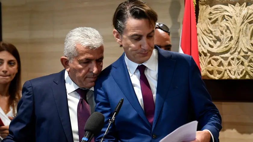 epa11419421 Senior Advisor to the US President, Amos Hochstein (R), reads a paper before his press conference after a meeting with the Lebanese Parliament Speaker Nabih Berri (not pictured) in Beirut, Lebanon, 18 June 2024. Hochstein is in Beirut on an official visit to meet with Lebanese officials and in an attempt to ease tensions between Israel and Hezbollah, which are threatening to spiral into a full-scale war across the Lebanese border. EPA/WAEL HAMZEH
