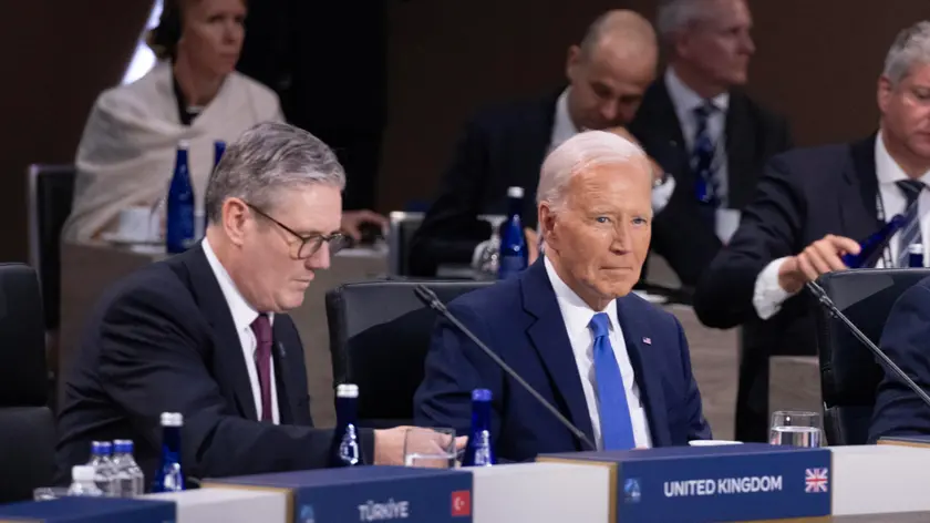 epa11472649 US President Joe Biden (R) and Prime Minister of the United Kingdom Keir Starmer (L) attend the North Atlantic Council meeting with Indo-Pacific partners during the NATO Summit at Walter E. Washington Convention Center in Washington, DC, USA, 11 July 2024. The 75th Anniversary NATO Summit is taking place in Washington, DC, from 09 to 11 July 2024. EPA/MICHAEL REYNOLDS