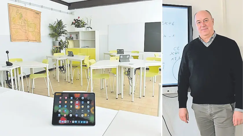 Al liceo classico Stellini acquistati arredi che consentono una maggiore flessibilità nella configurazione delle aule, a destra il dirigente Luca Gervasutti