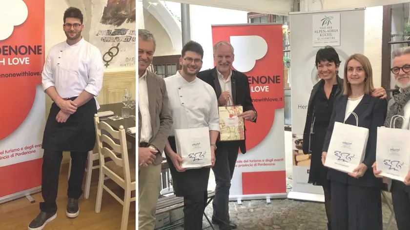 Stefano Sacilotto e, a destra, lo chef del Sostansa con la delegazione pordenonese a Klagenfurt