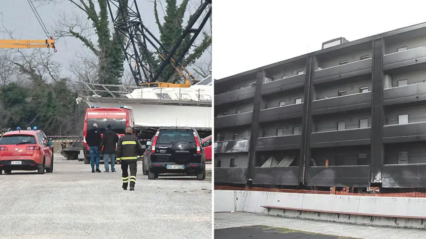 A sinistra l'incendio nel capannone della Molinas, a destra la palazzina di via Brumatti