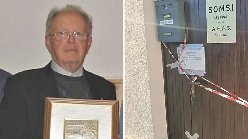 Giacomo Bortuzzo e, a destra, l’avviso del sequestro e il nastro segnaletico nella sede