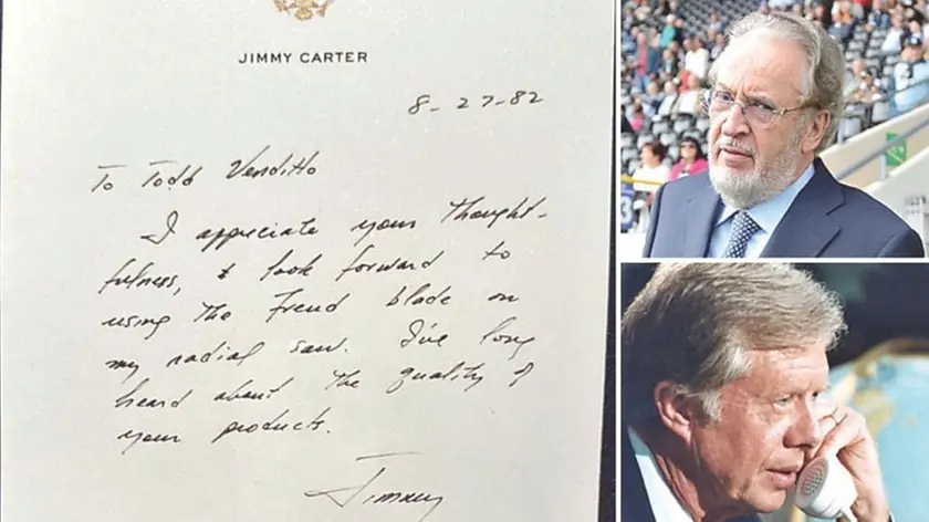 La lettera che Jimmy Carter ha scritto nel 1982 alla Freud di Pozzo. A destra sopra Gianpaolo Pozzo, sotto Jimmy Carter