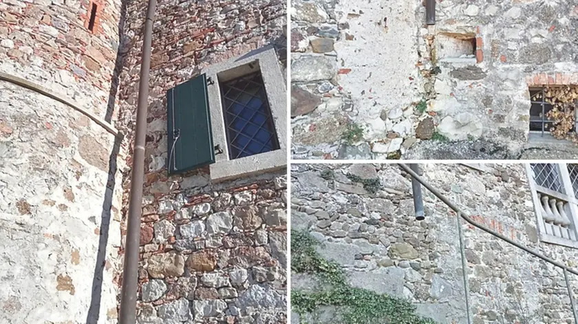 Le mura della foresteria del castello medioevale a Tricesimo dove le grondaia sono state strappate e rubate