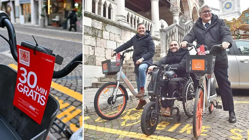 Gli assessori Venanzi e Marchiol e il sindaco De Toni al battesimo del bike sharing (foto Petrussi)