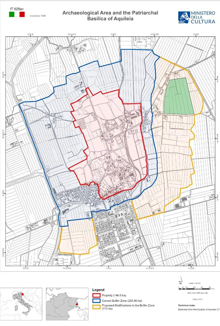 In rosso il perimetro Unesco (core zone), in blu la zona buffer approvata nel 2018, in giallo la nuova proposta di zona Buffer. In verde la localizzazione del progettato impianto fotovoltaico