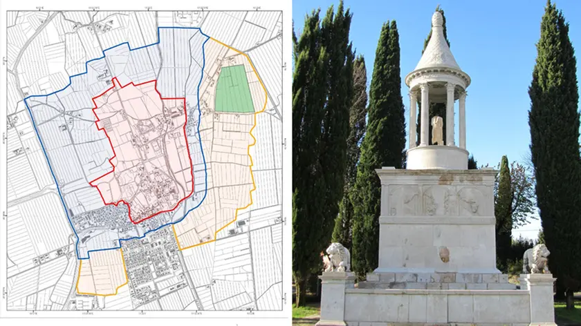 La mappa del perimetro Unesco (a sinistra) e il Grande Mausoleo vicino al quale dovrebbe sorgere il parco fotovoltaico