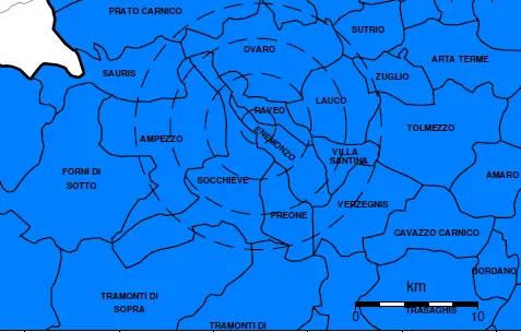 La mappa dell'epicentro della prima scossa di domenica, 12 gennaio, a Raveo di magnitudo 3.8