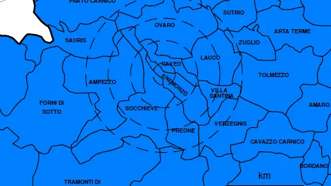 La mappa dell'epicentro della prima scossa di domenica, 12 gennaio, a Raveo di magnitudo 3.8