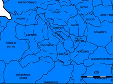 La mappa dell'epicentro della prima scossa di domenica, 12 gennaio, a Raveo di magnitudo 3.8