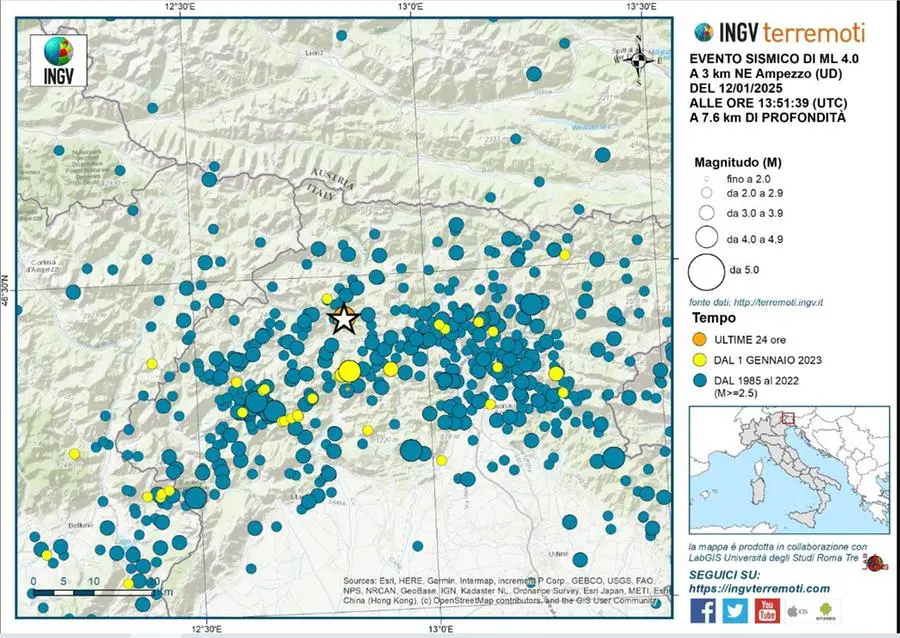 Nella cartina diffusa dall'Ingv in giallo si vedono gli eventi sismici dal 1 gennaio 2023