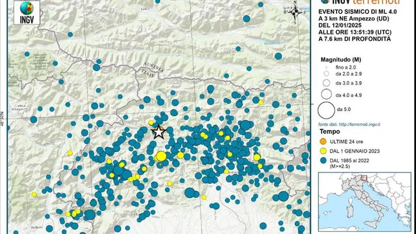 Nella cartina diffusa dall'Ingv in giallo si vedono gli eventi sismici dal 1 gennaio 2023