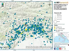 Nella cartina diffusa dall'Ingv in giallo si vedono gli eventi sismici dal 1 gennaio 2023