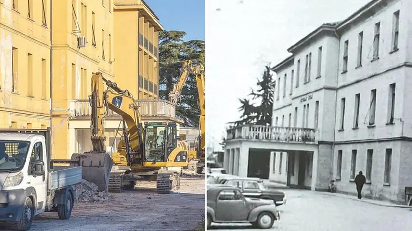 Le operazioni di demolizione del fabbricato (Foto Petrussi) e l'edificio negli anni ’50