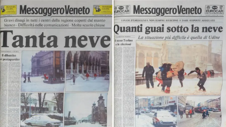 Le prime pagine del Messaggero Veneto in occasione della grande nevicata dell'85 in Friuli