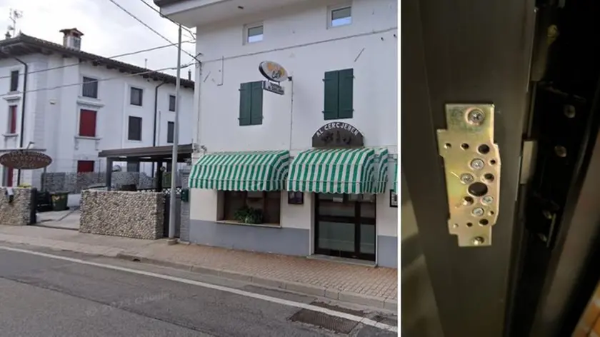 La trattoria Al Cercjeben di Pasian di Prato, a destra la porta presa di mira dai ladri