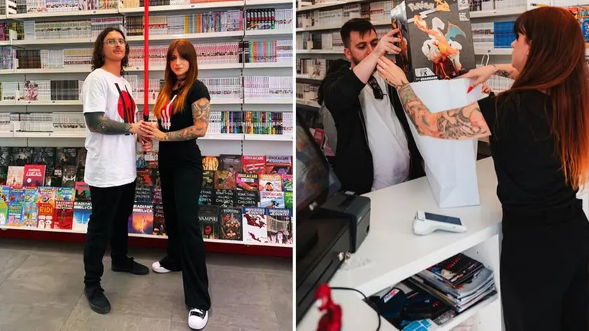 Angelica Montanari con il marito Gianluca Zizzi nella loro fumetteria a Parma