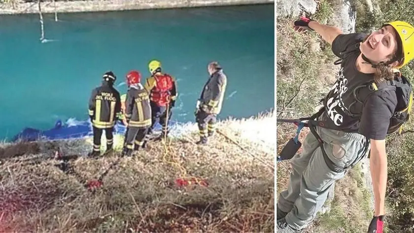 I soccorsi nel luogo dove l'auto era finita in acqua e, a destra, Matteo Pittana