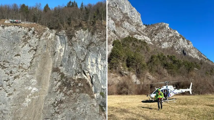 La frana in parete a Villa Santina e l'elicottero impiegato per monitorare il distacco