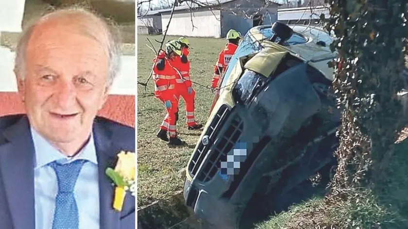 Gianpietro Forgiarini, 77 anni, a destra il recupero dell’auto finita in un canale di irrigazione a Osoppo