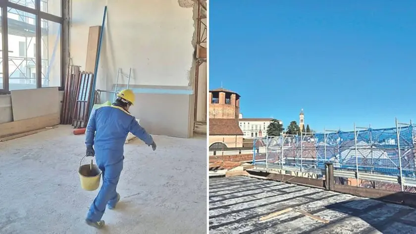 I lavori dentro l'immobile, e a destra, la veduta su Udine