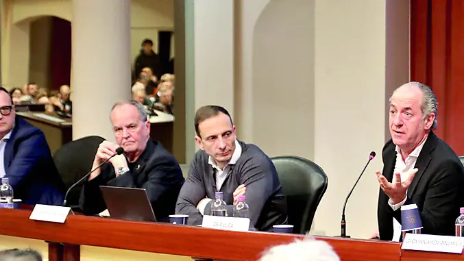 Da sinistra Tommaso Cerno, Roberto Calderoli, Massimiliano Fedriga e Luca Zaia (foto Ambrosio Petrussi)