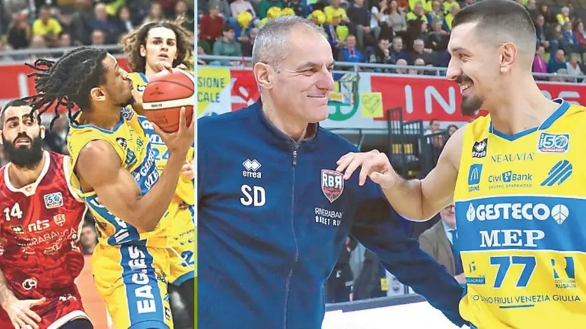 Anumba, esordio in quintetto, a destra Sandro Dell’Agnello e il figlio Giacomo a inizio partita (foto Petrussi)