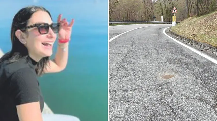 Il sorriso di Martina Socciarelli, a destra il luogo dell’incidente, sulla strada che porta a Sella Chianzutan