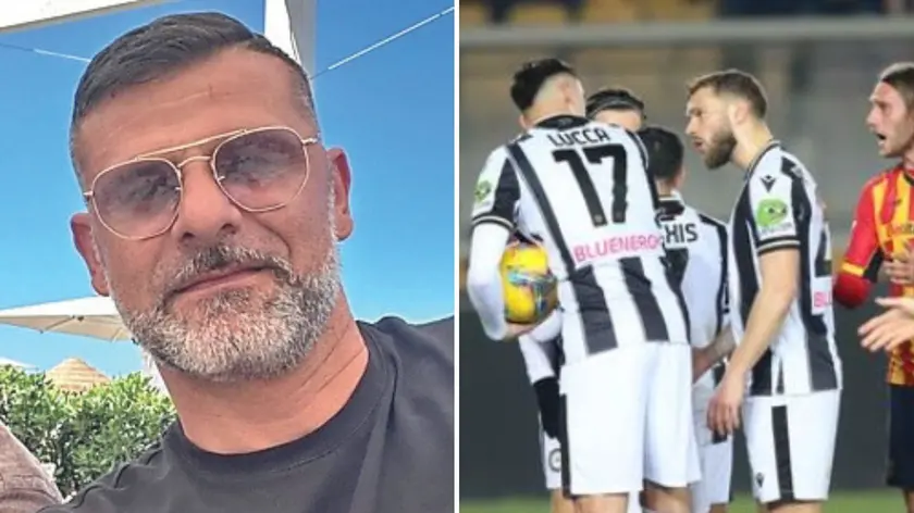 Vincenzo Iaquinta oggi, 45 anni, e a sinistra Lucca con in mano il pallone prima del rigore incriminato