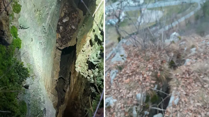 Nelle foto le fessure nella roccia monitorate oggi dai vigili del fuoco