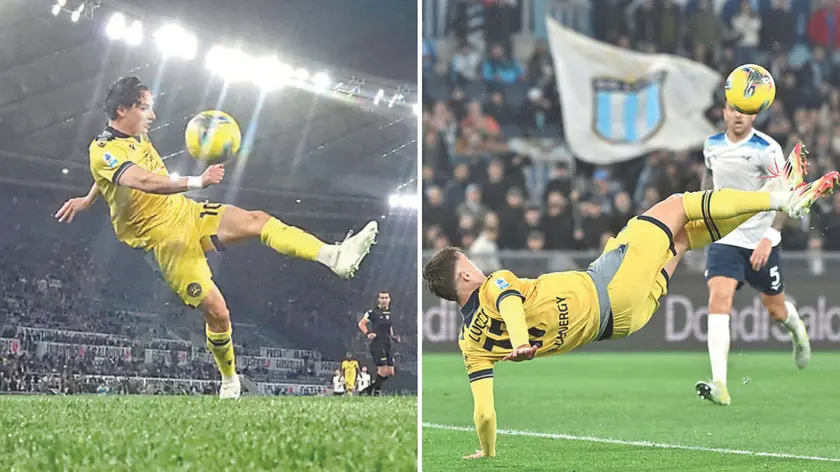 Thauvin firma il vantaggio dell'Udinese all'Olimpico, a destra un'acrobazia di Lucca