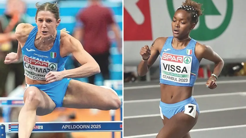 Giada Carmassi in azione e Sinta Vissa ai Mondiali indoor del 2023 (foto Grana e Colombo / Fidal)