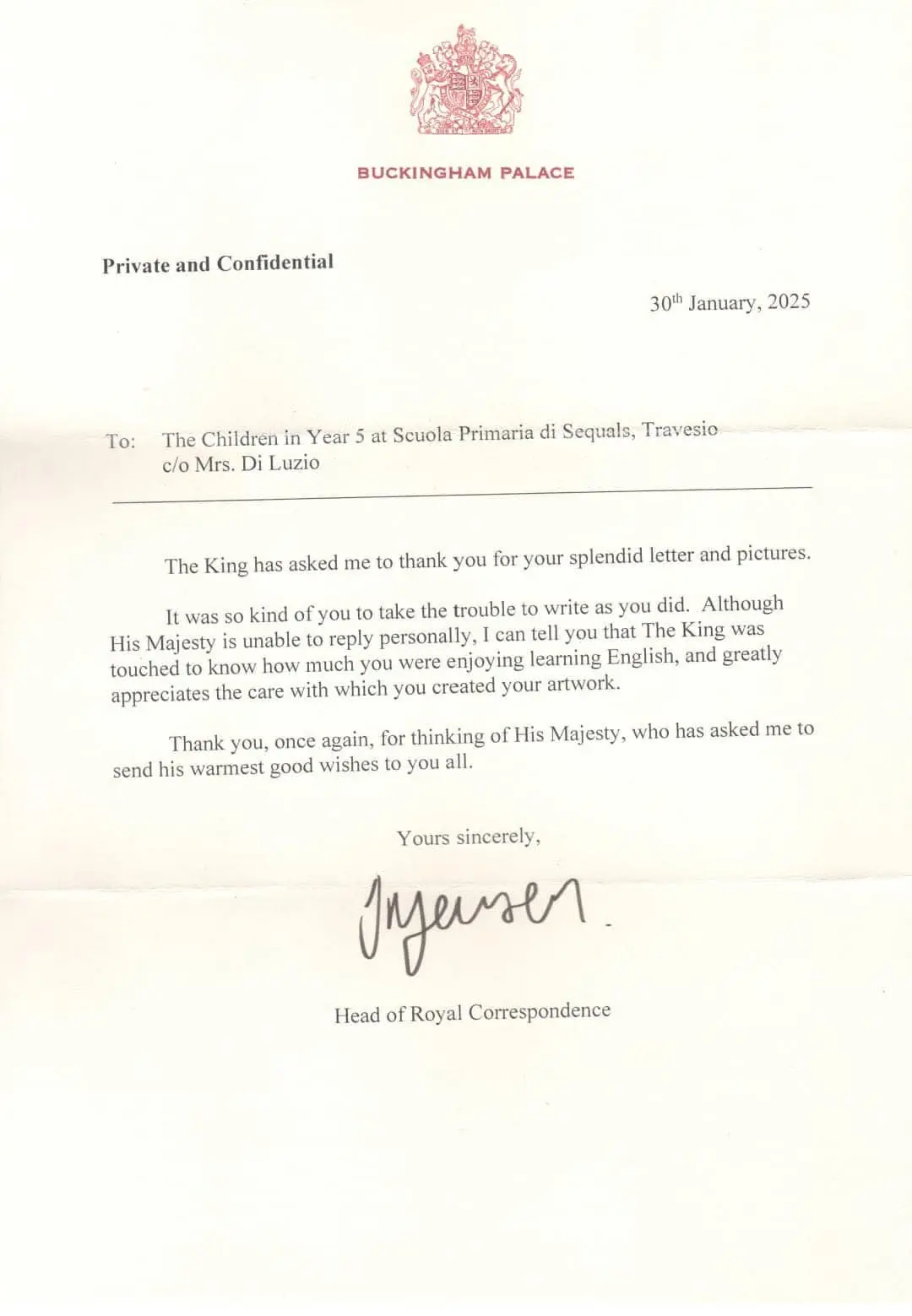 La lettera di risposta di Buckingham palace