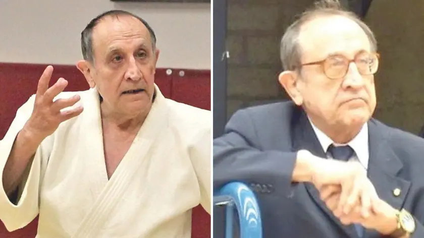 Due immagini di Pierluigi Comino: in kimono con la cintura nera e spettatore durante una manifestazione