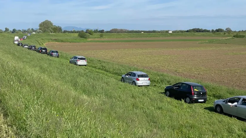 Le auto dei partecipanti parcheggiate lungo l'argine