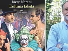La copertina dell’ultimo libro di Diego Marani, L’ultima falsità, e un primo piano dello scrittore