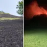 A destra le fiamme nella notte, a sinistra il terreno bruciato