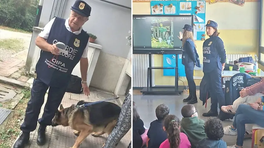 L’intervento di una guardia ecozoofila dell’Oipa e, a destra, attività di formazione in una scuola