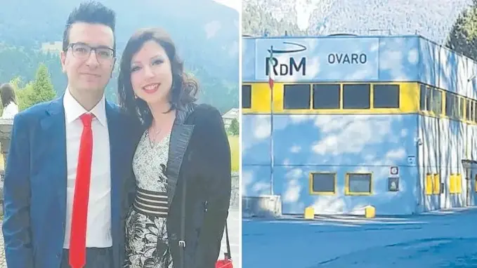 Patrick Cattarinussi con la moglie Monica Leita e, a destra, la cartiera RdM di Ovaro