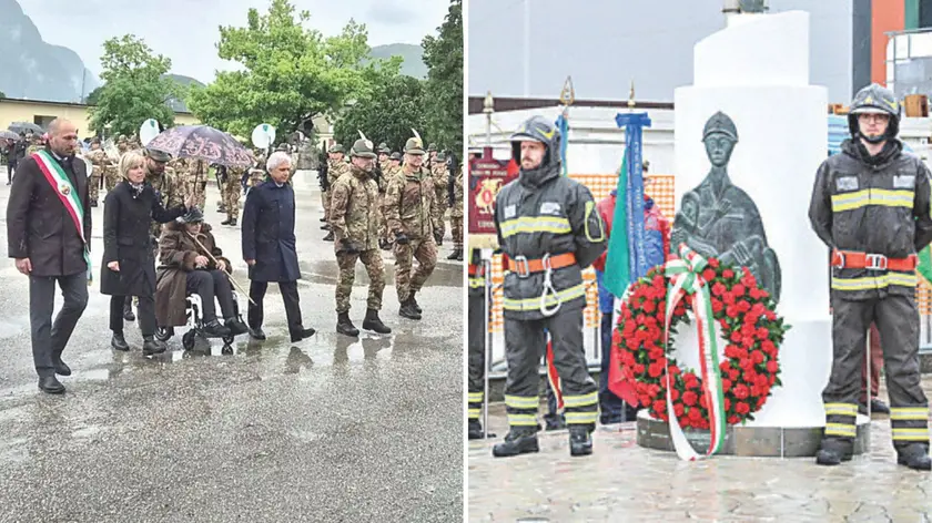 La corona deposta dai vigili del fuoco e gli alpini presenti alle commemorazioni
