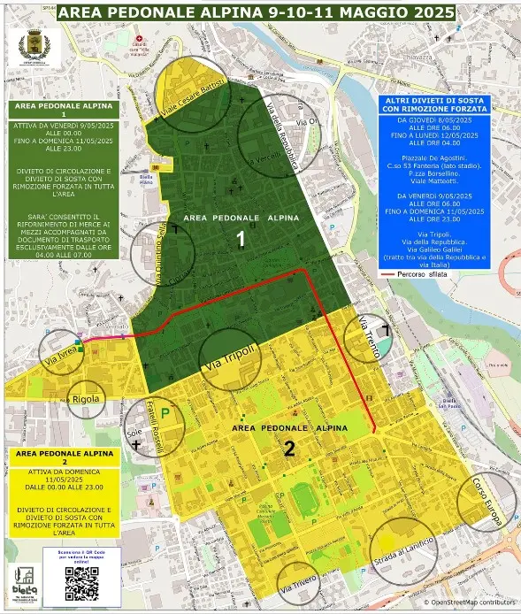 La cartina dei divieti a Biella in vista dell'Adunata