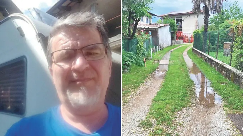 Cristian Olaro e, a destra, la via di accesso all’abitazione allagata a causa della tubatura rotta