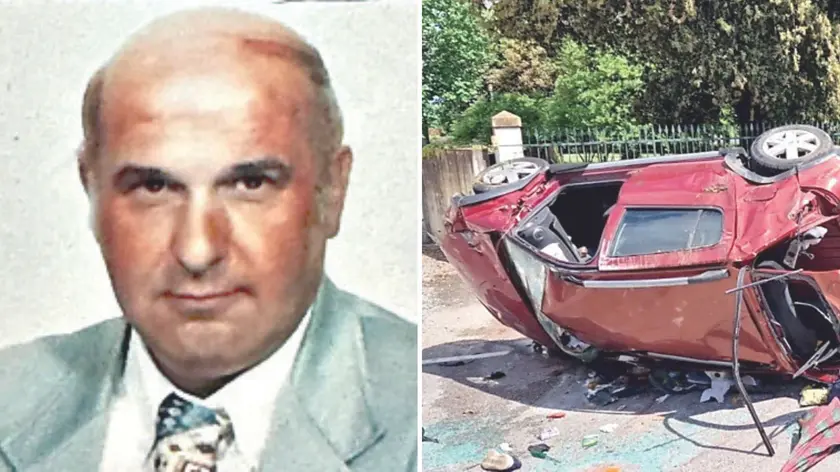 Il veterinario Paolo Chiapolino e, a destra, la sua auto ribaltata dopo l'incidente del 9 maggio