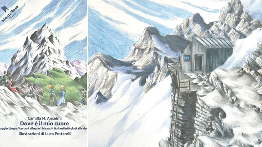 La copertina del libro e una delle illustrazioni: il bivacco Luigina Resegotti, in Piemonte