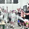 Festa in spogliatoio Apu dopo la vittoria con Brindisi: era il 13 aprile scorso (foto Petrussi)