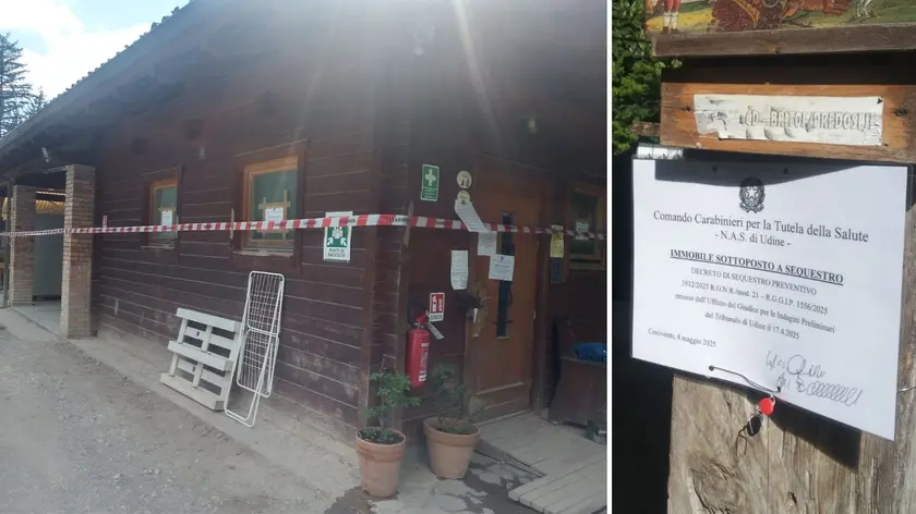 Uno degli chalet sequestrati a Cercivento e l'avviso del provvedimento apposto sulla struttura
